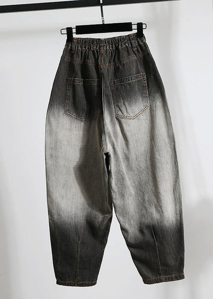 Black Letter Embroidered Pockets Denim Pants Spring