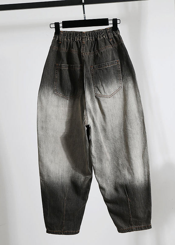 Black Letter Embroidered Pockets Denim Pants Spring