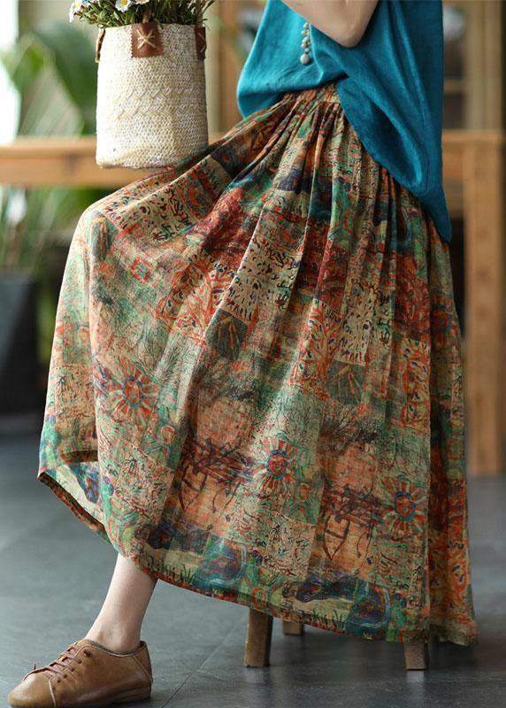 Purple Print Ramie Elastic Waist Skirt