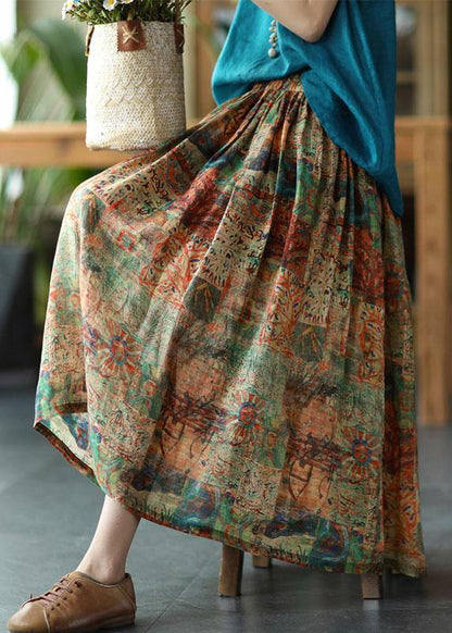 Grey Print Ramie Elastic Waist Skirt