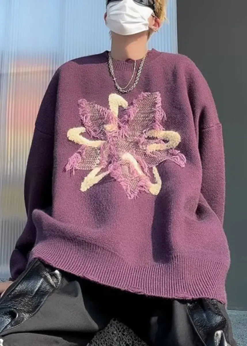 Loose Purple Tasseled Hole Knit Sweater Winter