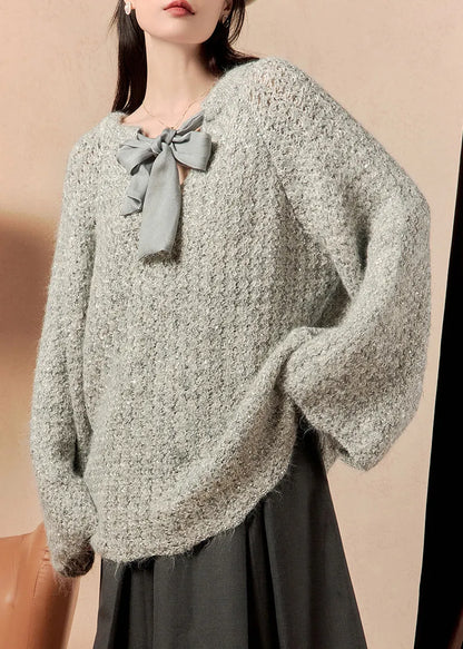 Loose Grey Lace Up Knit Sweaters Flare Sleeve