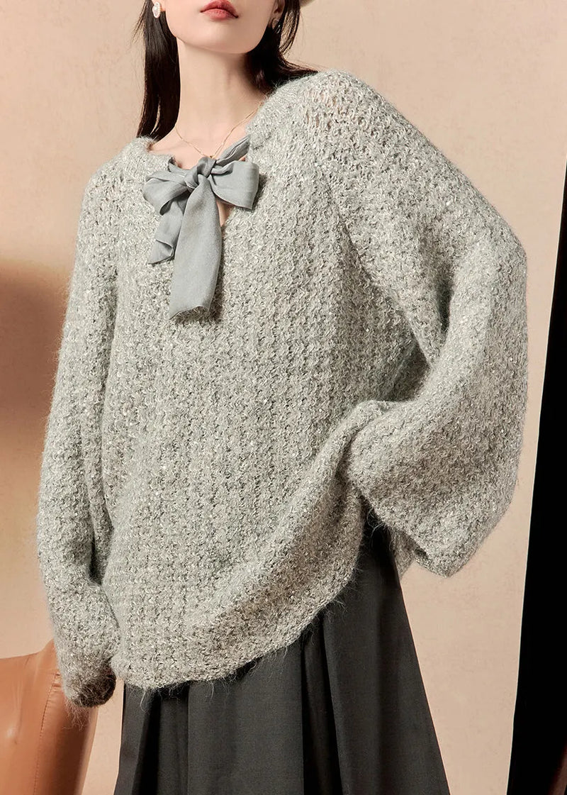 Loose Grey Lace Up Knit Sweaters Flare Sleeve