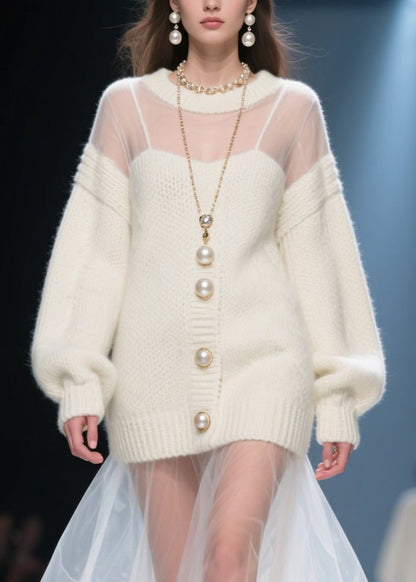 Beige O Neck Tulle Patchwork Long Knit Dress Fall