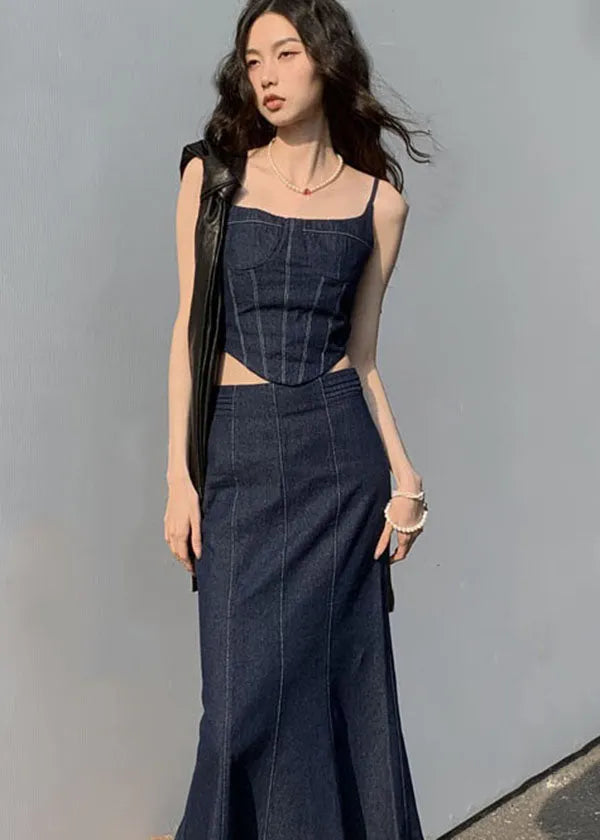 Navy Slim Fit Patchwork Denim Tops and Skirts Two Pieces Set Summer