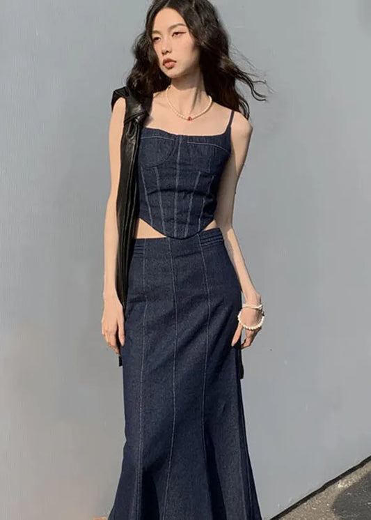 Navy Slim Fit Patchwork Denim Tops and Skirts Two Pieces Set Summer