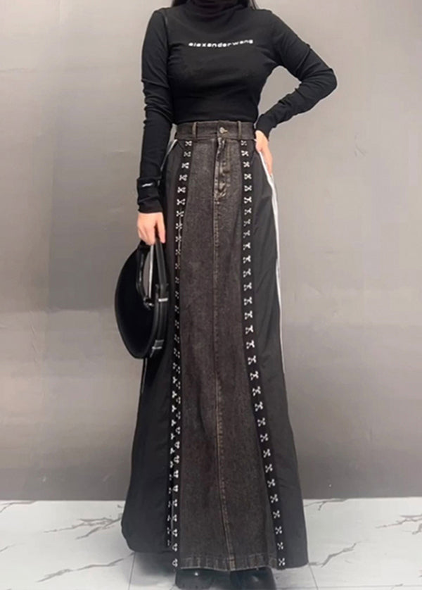 Dark Grey Patchwork Side Open Denim Skirts Fall
