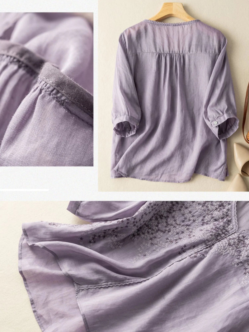 Embroidered V Neck 3/4 Sleeve Linen Top