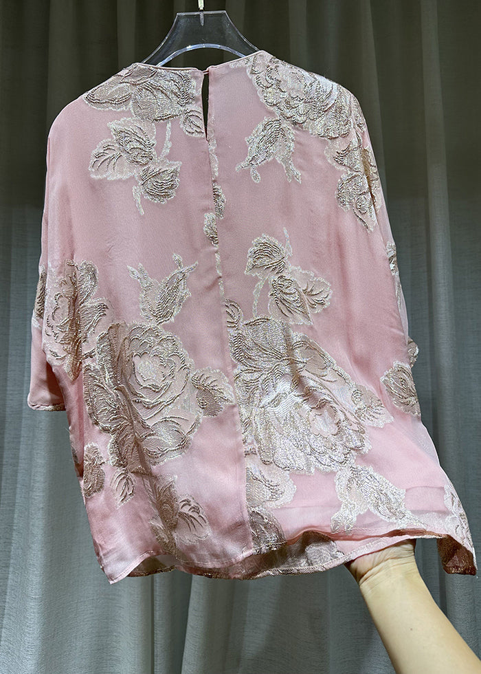 Pink O-neck Embroidered Button Silk Shirts Bracelet Sleeve