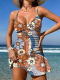 V-Neck Retro Hippie Art Daisy Rainbow Art Print Suspender Skirt Tankini Pantskirt Set Swimsuit