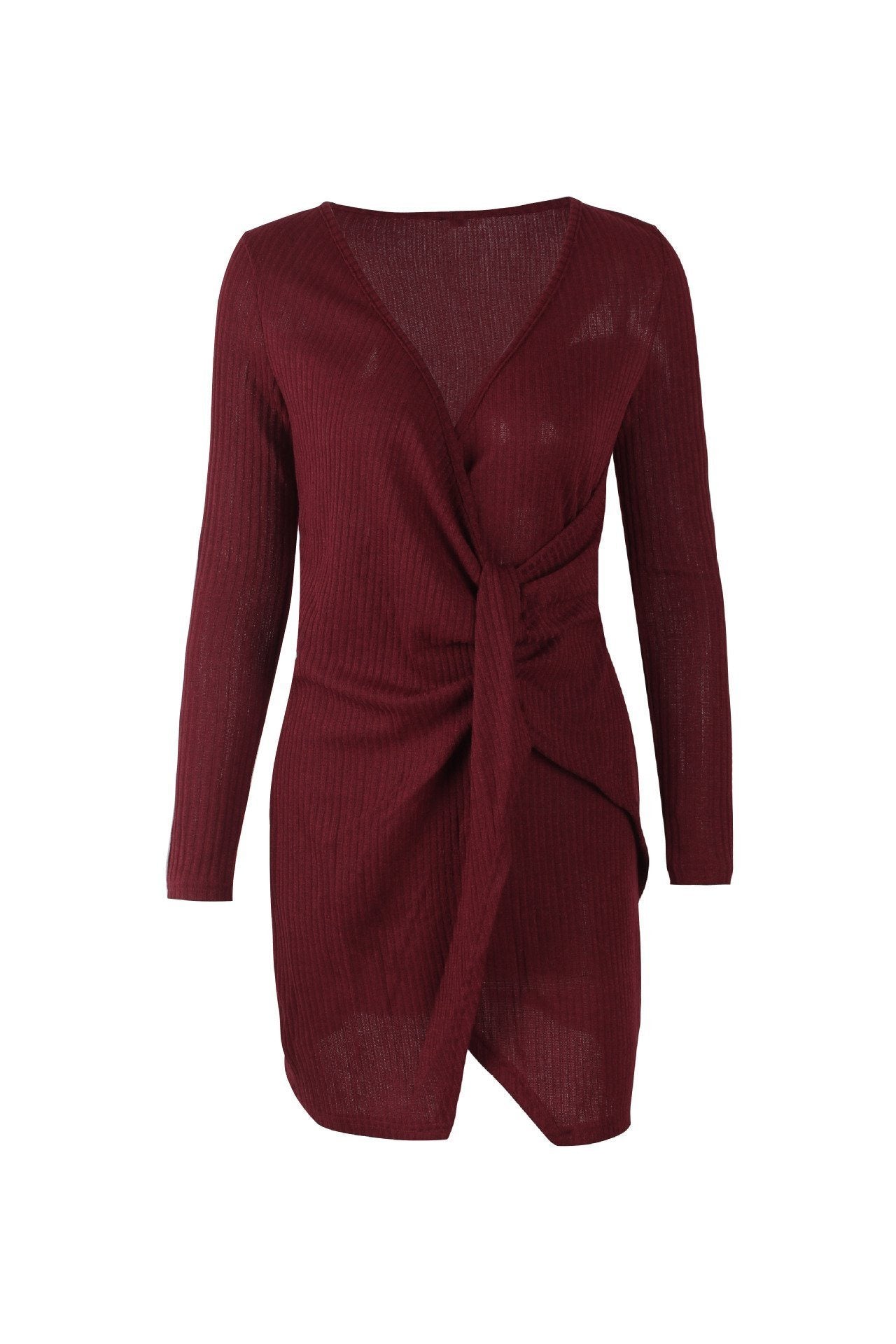 Color V Neck Wrap Sweater Dress