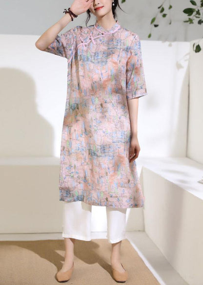 Art Stand Collar Half Sleeve Linen Clothes for Work Pink Print Dress