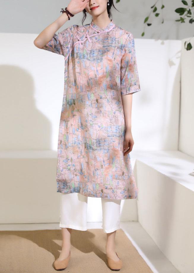 Art Stand Collar Half Sleeve Linen Clothes for Work Pink Print Dress