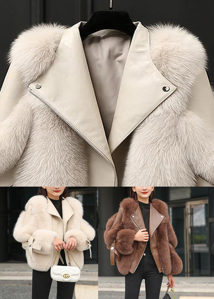 Fine Chocolate Fox Collar Zippered Leather and Faux Fur Coats Winter