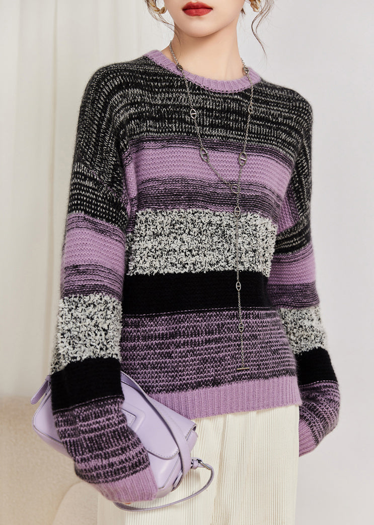 Purple O Neck Patchwork Cozy Cotton Knit Sweaters Fall