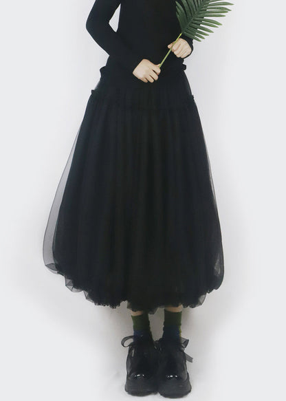 Black Elastic Waist Tulle Bud Skirt Ruffled