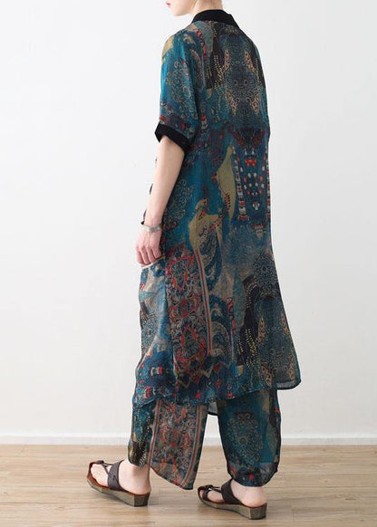 Summer Large Blue Print Chiffon Print Set Shirt Pants Two Piece Set