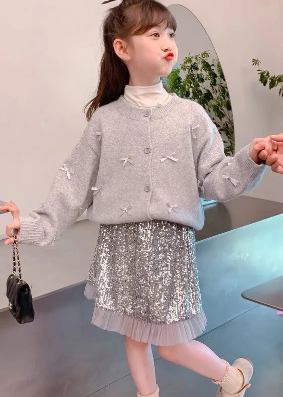 Grey Bow Cotton Knit Kids Cardigan and Skirts Two Pieces Set Spring