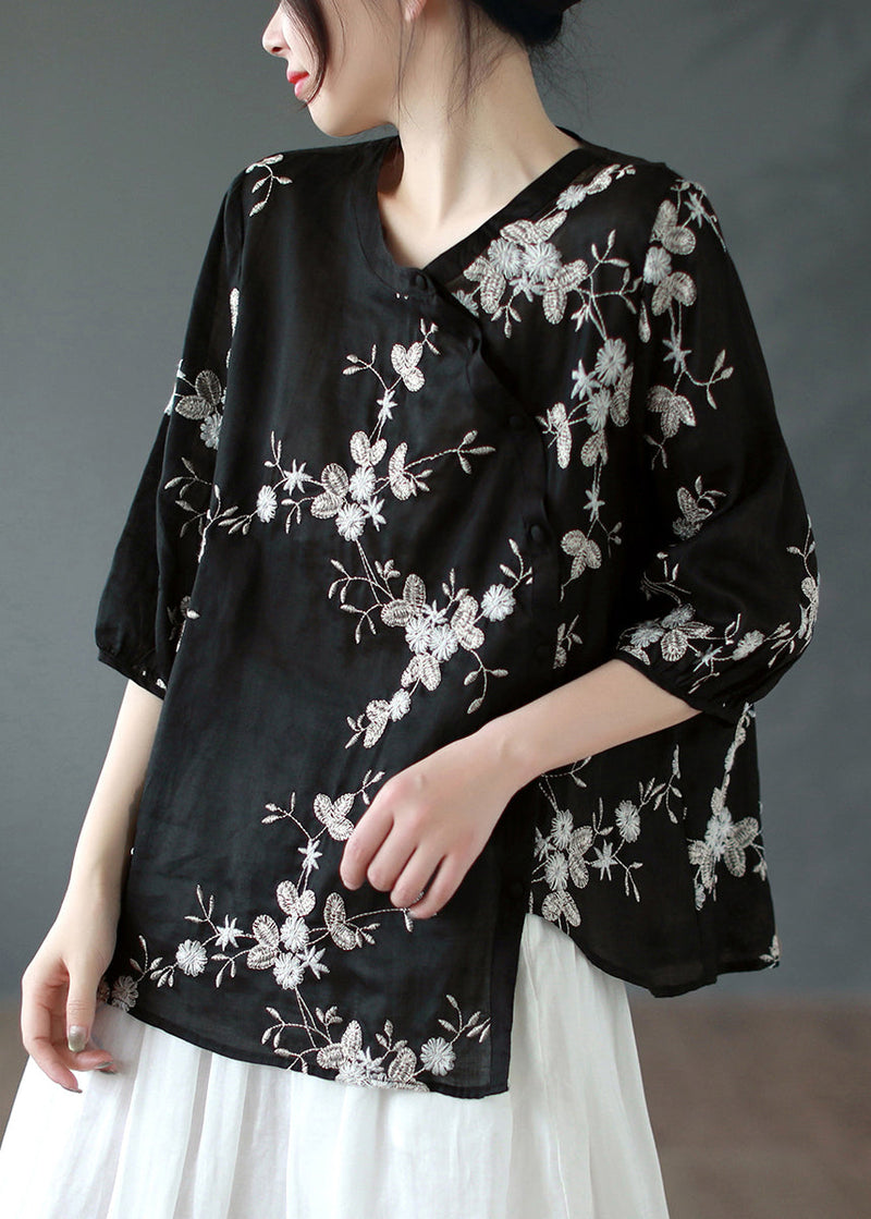 Black Asymmetrical Button Patchwork Linen Shirt Summer