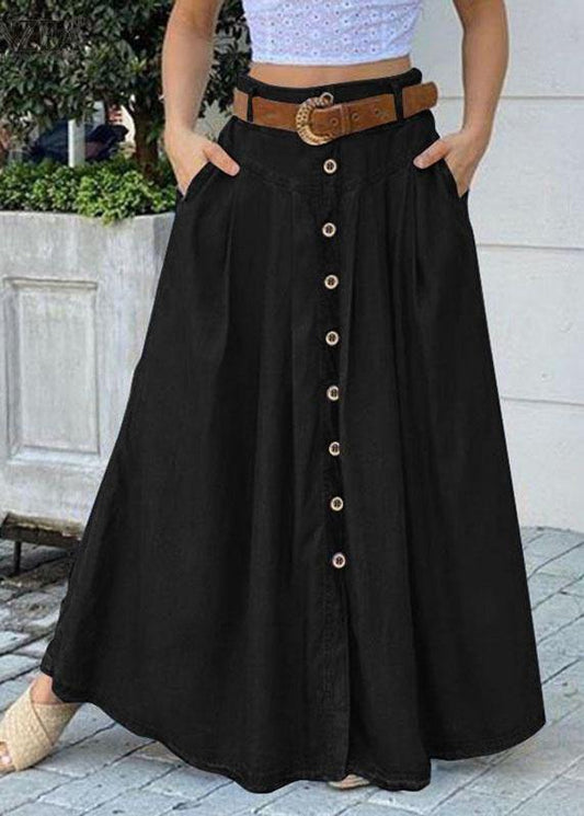 Color Bottom Front Loose Long Skirt With Pocket