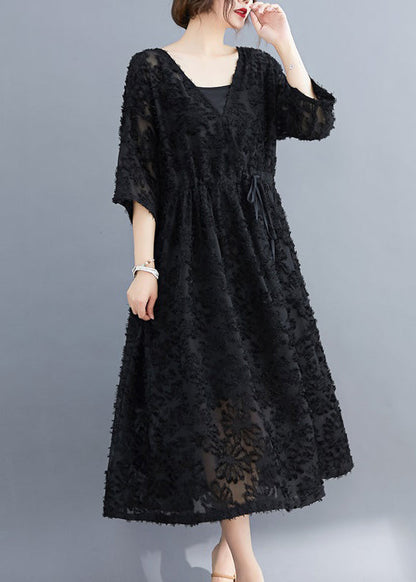 Black V Neck Embroidered Dress Two Pieces Set Half Sleeve