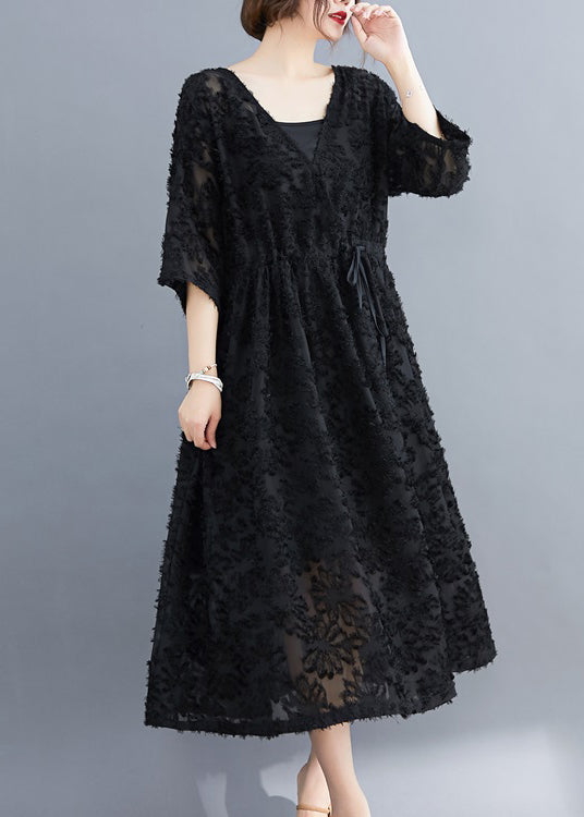 Black V Neck Embroidered Dress Two Pieces Set Half Sleeve