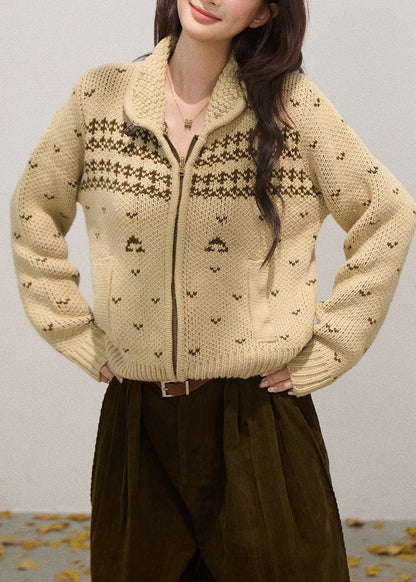 Khaki Stand Collar Zippered Knit Jackets Fall