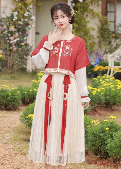 Chinese Style Red Embroideried Tops and Pleated Skirt Chiffon Two Pieces Set Long Sleeve