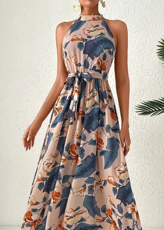 Blue Cold Shoulder Print Lace Up Cotton Dress Sleeveless