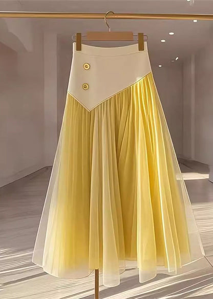 Yellow High Waist Wrinkled Patchwork Tulle Skirt Fall