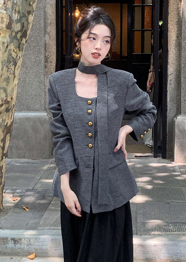 Grey Button Pockets Patchwork Cotton Coat Long Sleeve