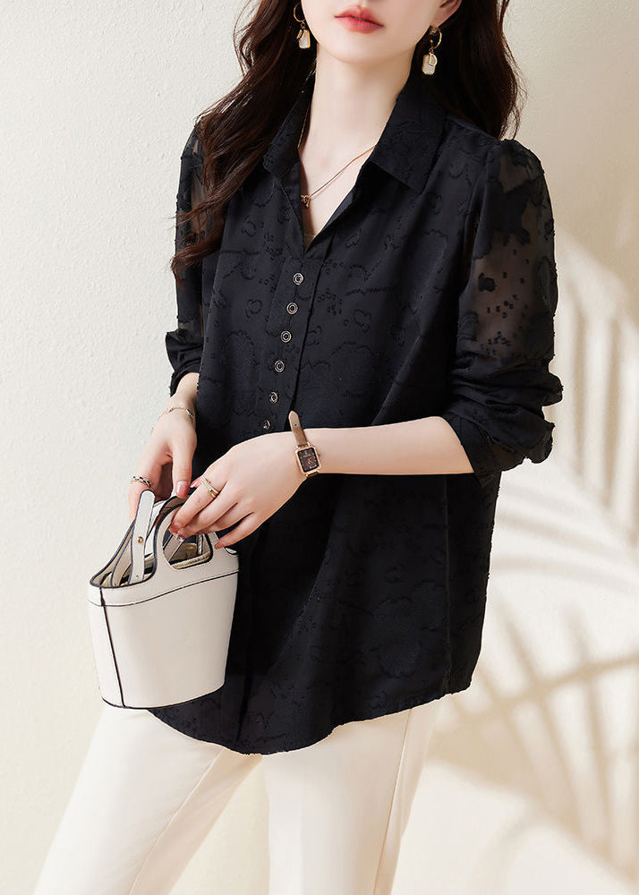 Black Jacquard Draping Chiffon Shirt Spring