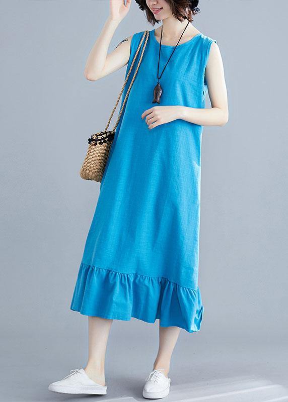 Blue Cotton Clothes for O Neck Sleeveless a Line Summer Dresses