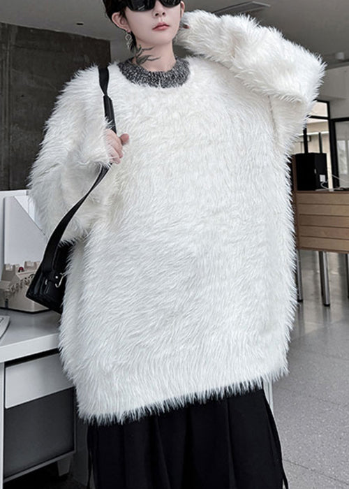 White Cozy Loose Mink Velvet Winter Sweaters O Neck