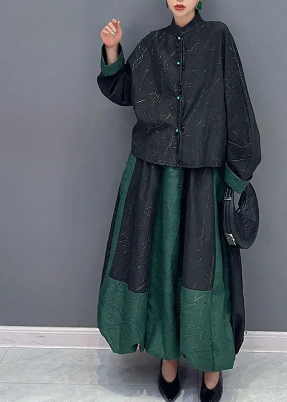 Black Patchwork Green Button Shirts and a Line Skirts Two Piece Set Fall