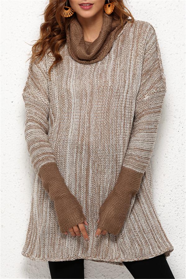 Spliced Turtleneck Loose Pullover Sweater - Black