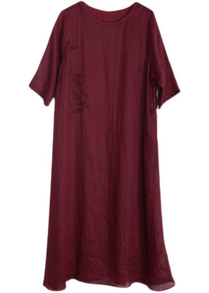 Classy Red O-neck Linen Half Sleeve Summer Dresses