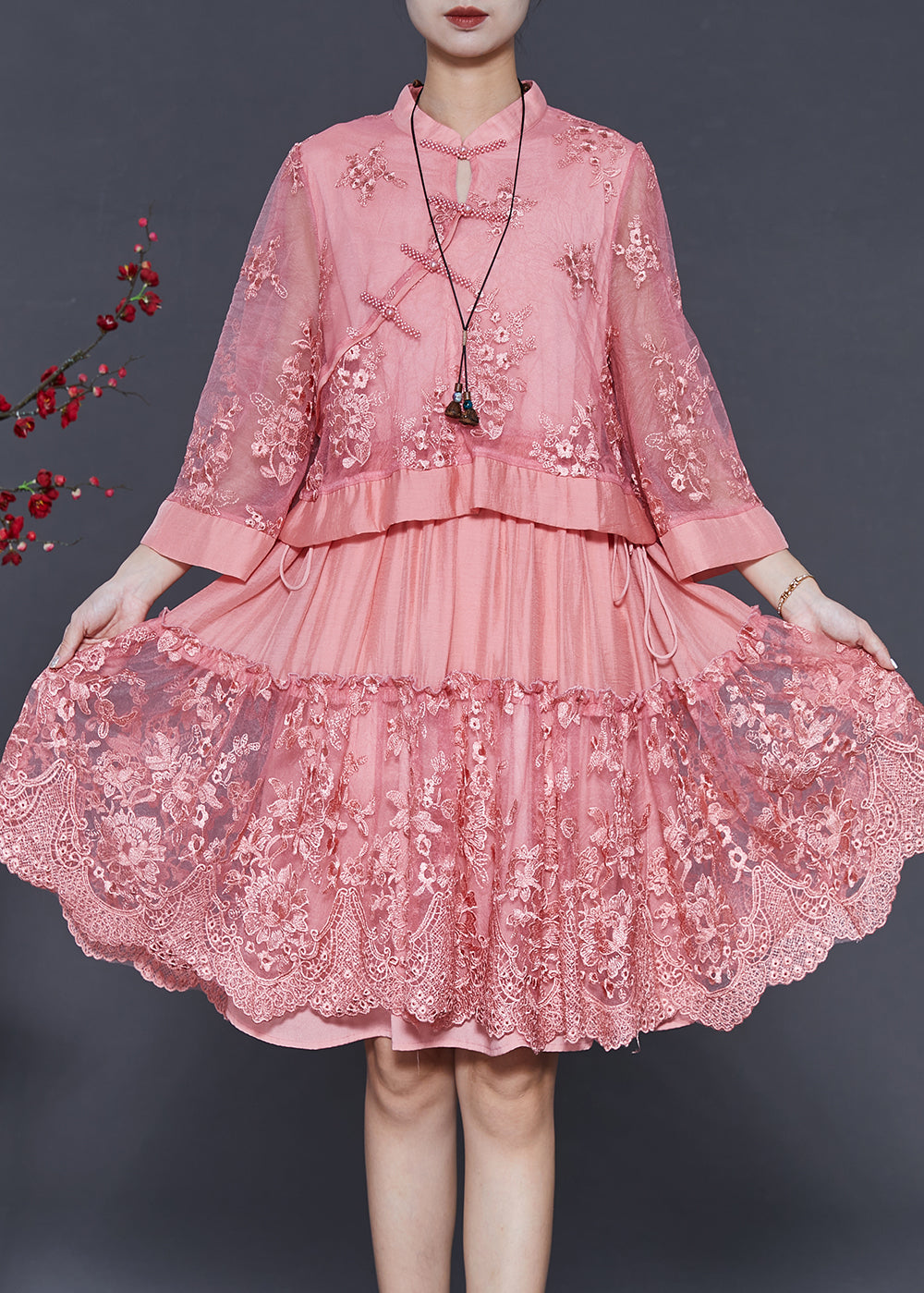 Pink Embroidered Patchwork Tulle Oriental Dress Spring
