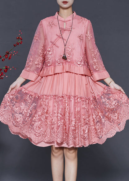 Pink Embroidered Patchwork Tulle Oriental Dress Spring