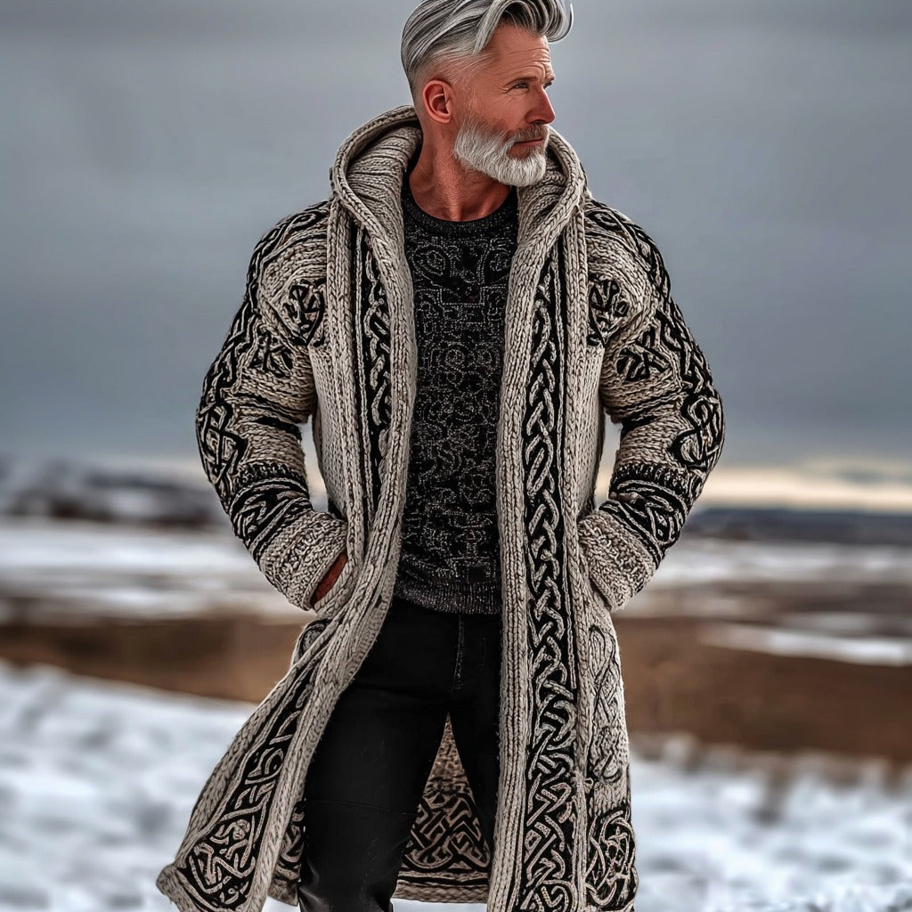Men's Vintage Celtic Knot Knit Long Hooded Sweater Jacket artswardrobe