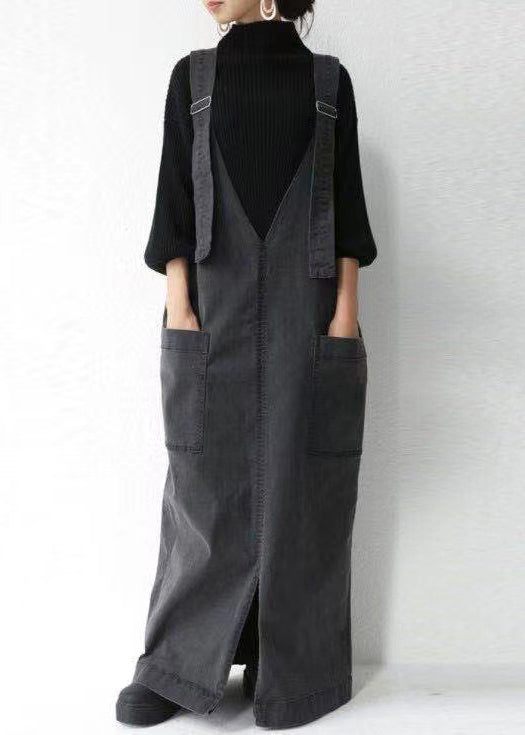 Black Oversized Pockets Cotton Maxi Dresses Summer