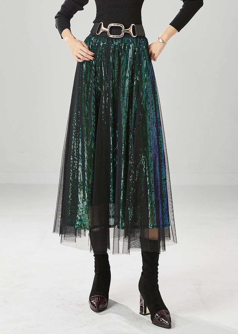 Peacock Green Silm Fit Tulle a Line Skirts Sequins Fall