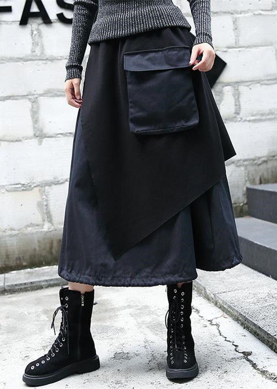 Baggy Black Midi-length Skirt Oversize Traveling Clothing Patchwork Asymmetrical Design Autumn Skirt
