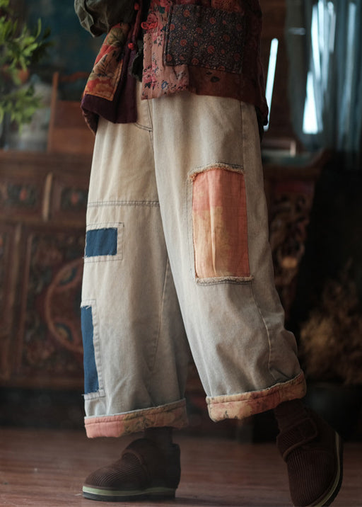 Photo Color Pockets Patchwork Thick Denim Crop Pants Spring