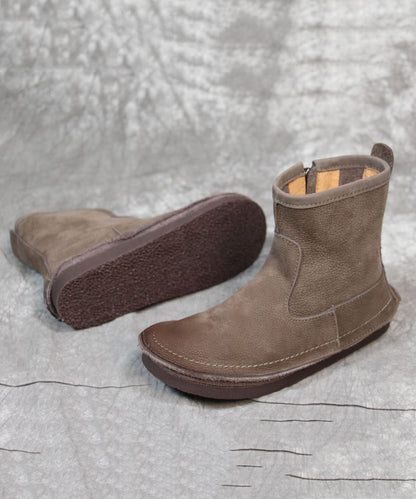 Soft Grey Zippered Boots Cowhide Leather Cross Strap Boots