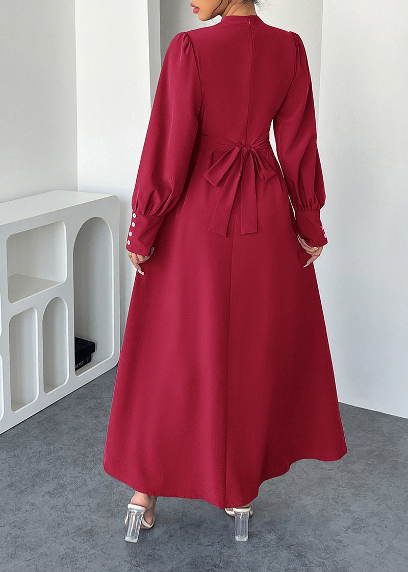 Red Hign Neck Cotton Maxi Dresses Lantern Sleeve