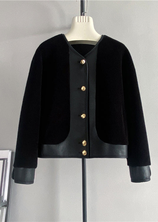 Black Button Patchwork Leather and Fur Coats V Neck Winter