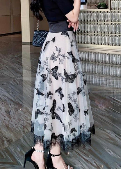 Beige Embroideried Tie Waist Tulle a Line Skirt Summer