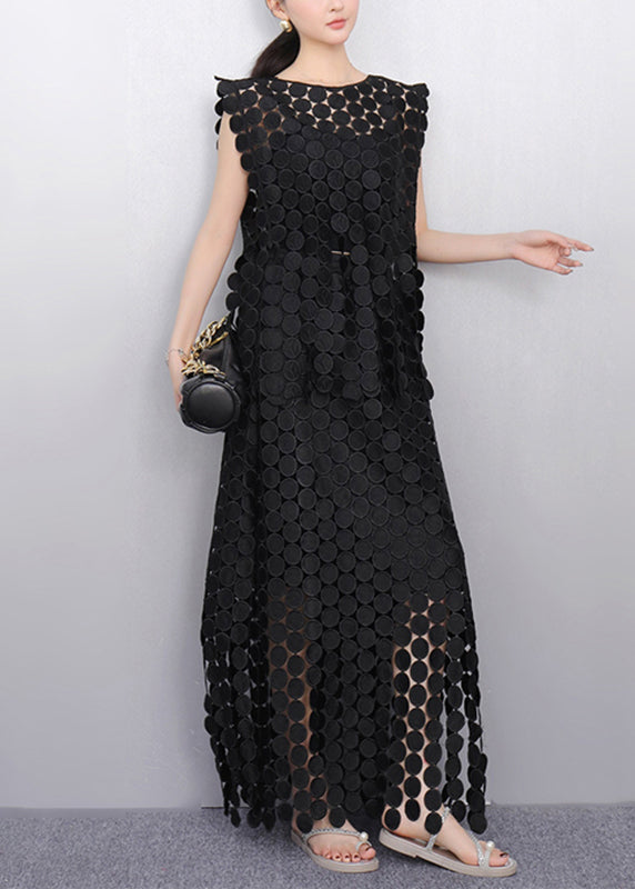 Black Dot Lace Top and Maxi Skirts Two Pieces Set Sleeveless