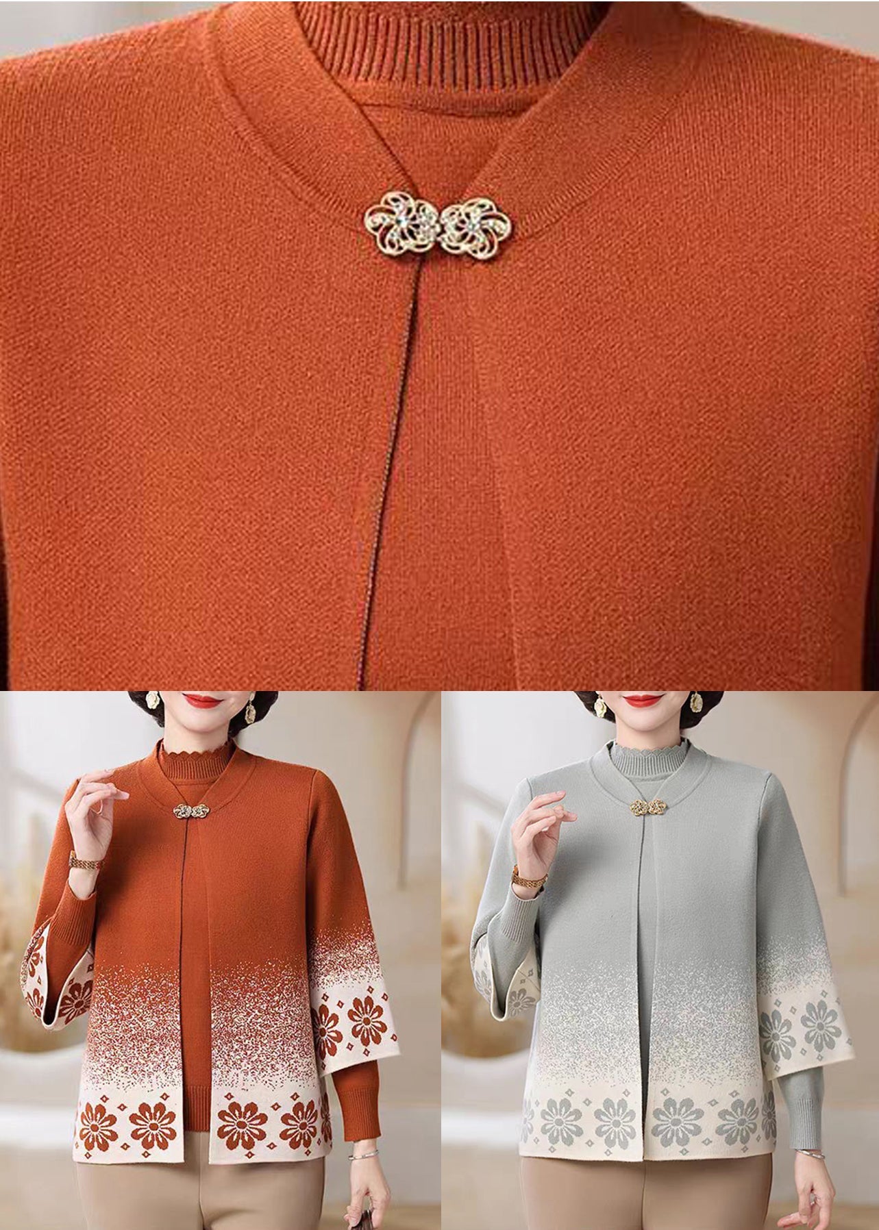 Orange Stand Collar Button Cotton Knit Cardigans and Sweater Two-piece Set Fall